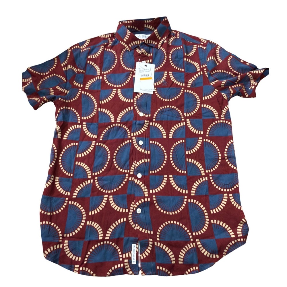 Original Penguin Mens Short Sleeve Button Down Shirt Cabernet Fan Print Small